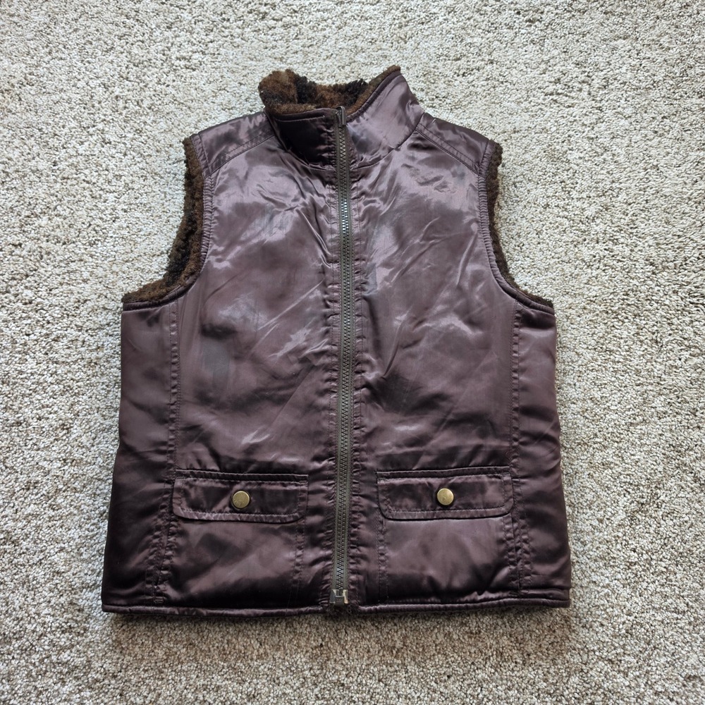 VINTAGE Old Navy Faux Fur Lined Puffer Vest Girls M Brown Zip Sleeveless Y2K